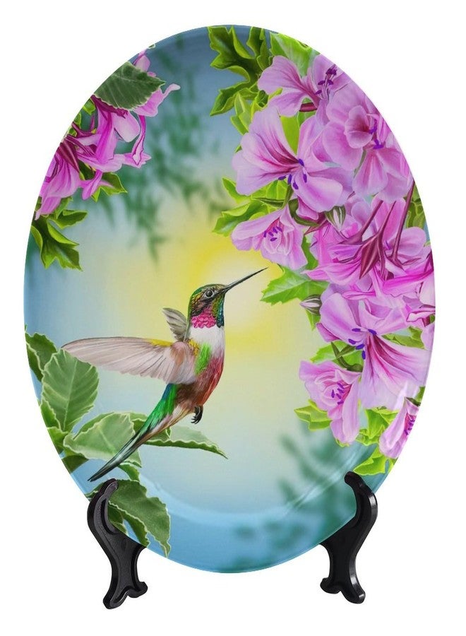 Bictucem Floral Decorative Ceramic Plates, 8 Inch, Bird Hummingbird with Pink Flowers, Round Display Plate, Hanging Decorative Plate with Display Stand, for Display Living Room Kitchen Closet Table Decor - Image 1